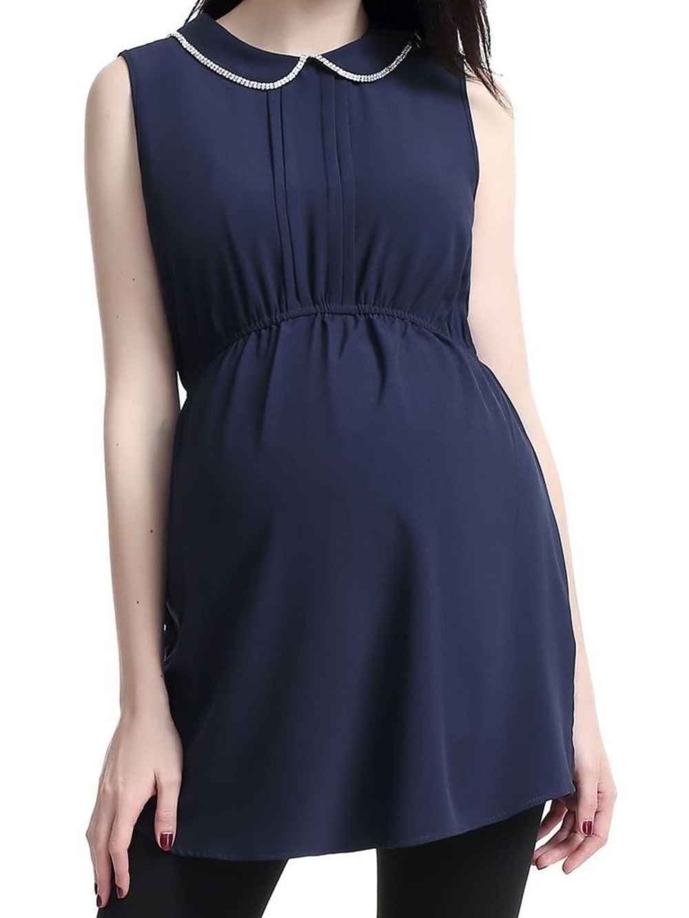 Kimi and Kai Navy Sleeveless Maternity Tunic with Pearl Trim Collar